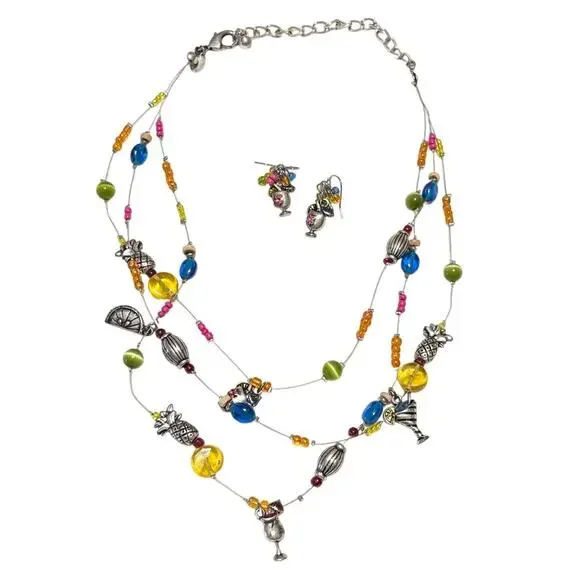 Chicos Beaded Charm Necklace & Earrings Set Cocktail Party Fruit Theme 3 Strand - Picture 8 of 8